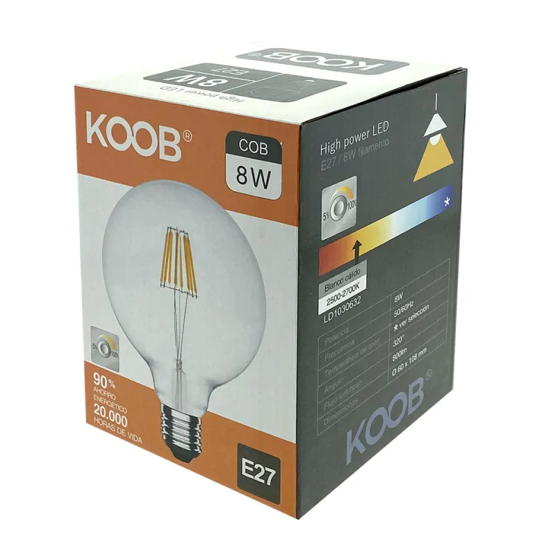 Bombilla Led E27 COB filamento 8W, Ø125x176mm, Regulable