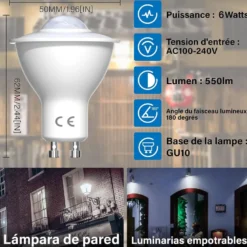 Bombilla LED GU10 con sensor de movimiento PIR, 6W
