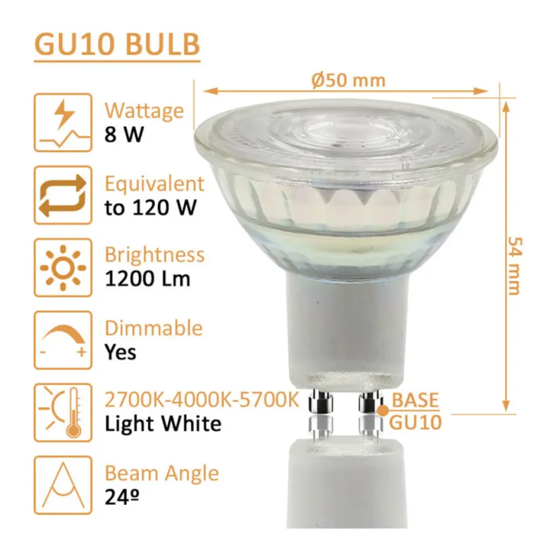 Bombilla LED GU10, 8W, 24º, SMD1A1A, 1200lm, CRI 98, regulable