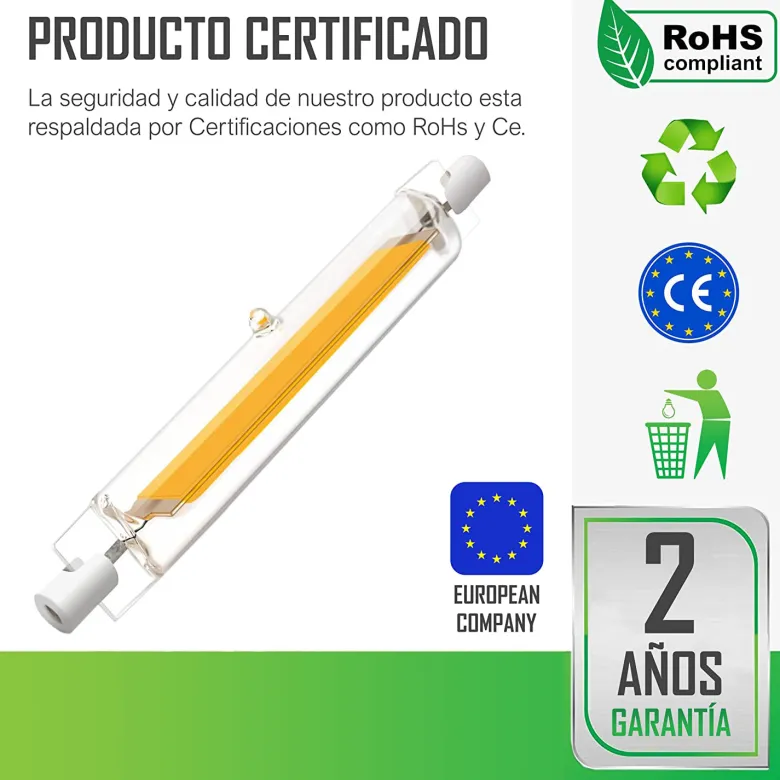 Bombilla LED R7S, 8W, COB, 360º, 118mm