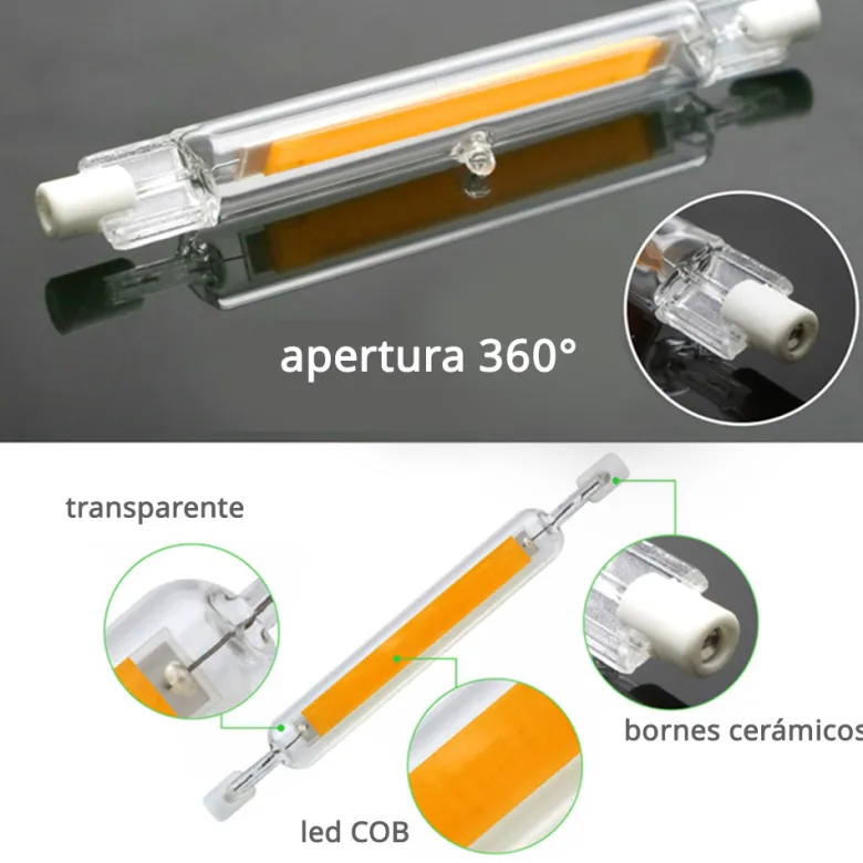 Bombilla LED R7S, 8W, COB, 360º, 118mm