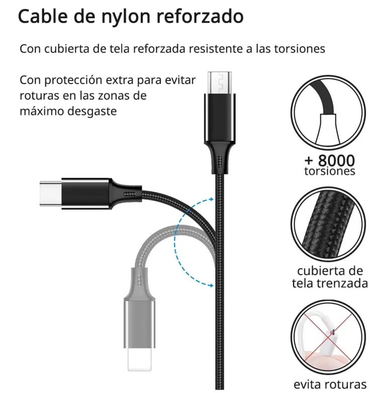 Cable de Carga USB 3 en 1 - Multi Cable USB Tipo C, Cable Micro USB y Cable Cargador iPhone iPad