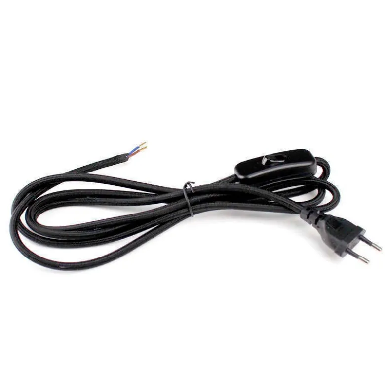 Cable textil con interruptor y enchufe, 2x0,75mm, 2m, negro