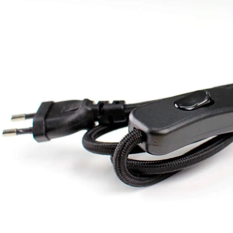 Cable textil con interruptor y enchufe, 2x0,75mm, 2m, negro