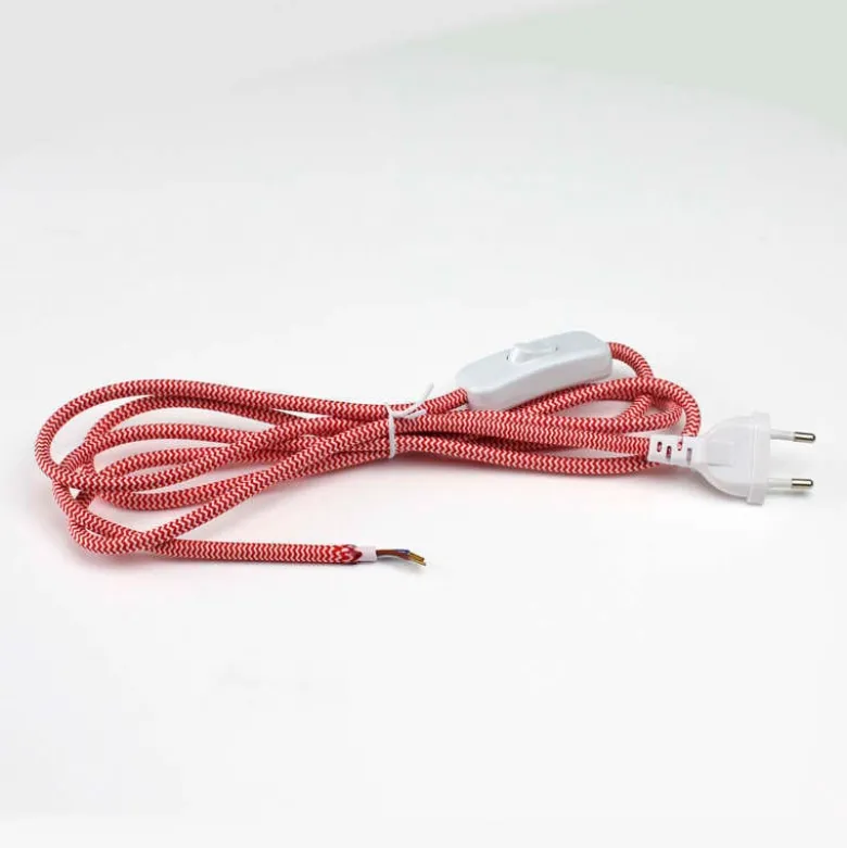 Cable textil con interruptor y enchufe, 2x0,75mm, 2m, rojo-blanco
