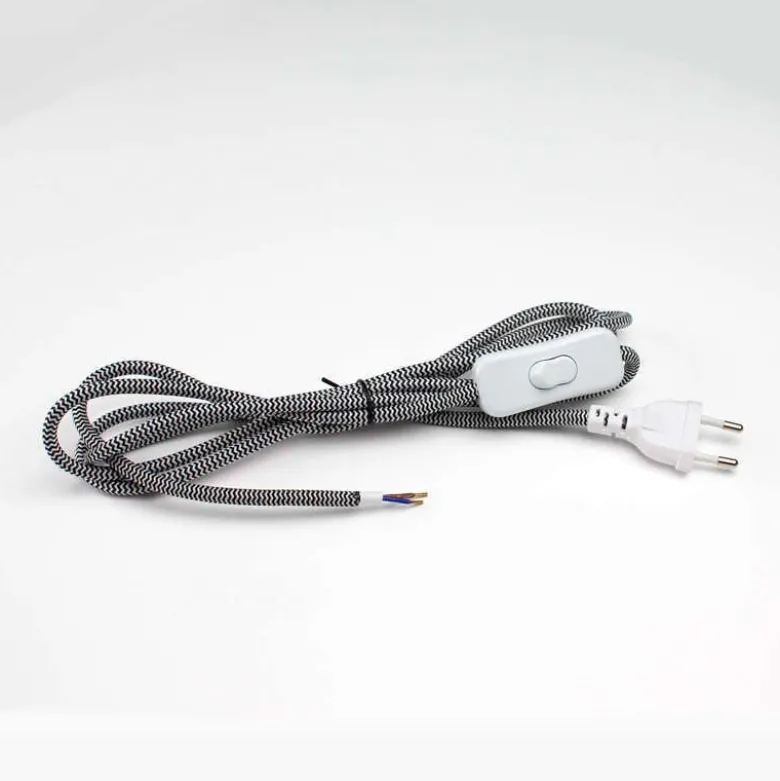 Cable textil con interruptor y enchufe, 2x0,75mm, 2m, negro-blanco