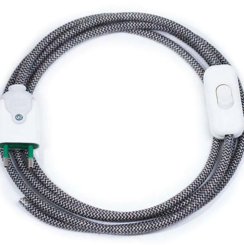 Cable textil con interruptor y enchufe, 2x0,75mm, 2m, negro-blanco