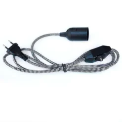Cable textil E27 con dimmer y enchufe, 2m, negro-blanco