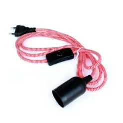 Cable textil E27 con interruptor y enchufe, 2m, rojo-blanco