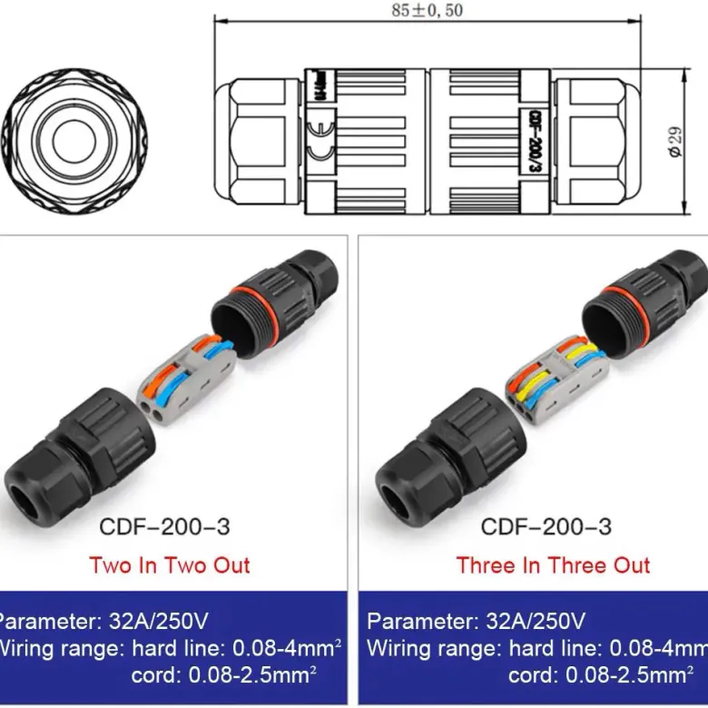Conector I IP68, 80mm, Ø30mm, 3 cables 0.5-2.5mm2, 16A, conectores rápidos