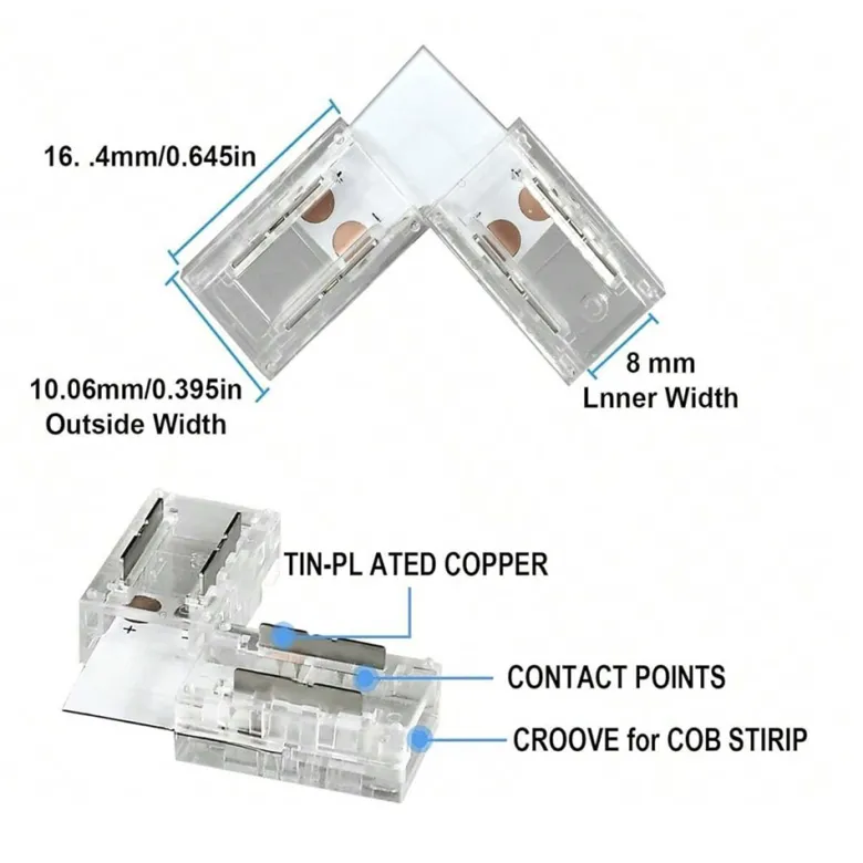 Conector L transparente para unión de tiras LED COB + SMD - 10mm