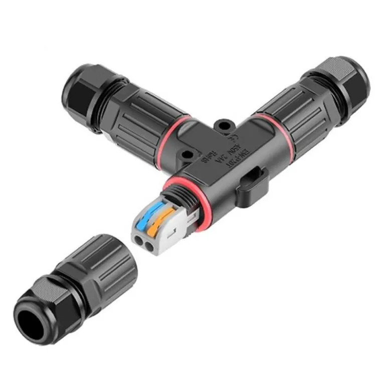 Conector T IP68, 148*90mm, Ø30mm, 2 cables 0.5-2.5mm2, 16A, conectores rápidos