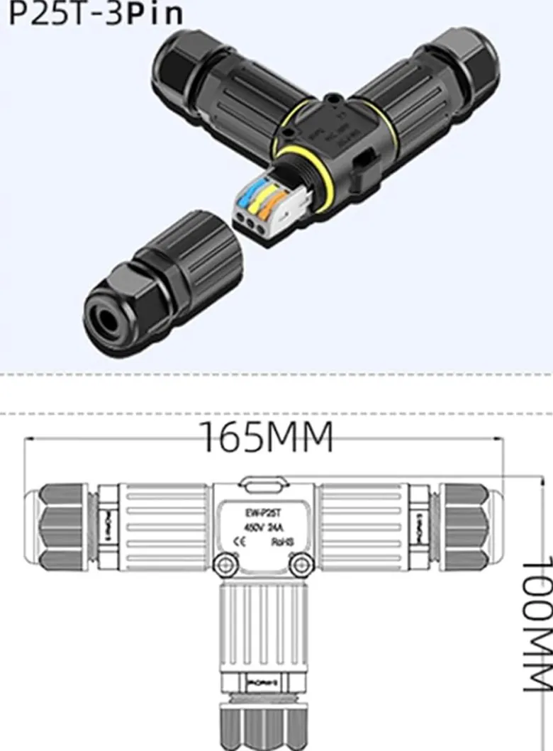 Conector T IP68, 165*100mm, Ø30mm, 3 cables 0.5-2.5mm2, 16A, conectores rápidos