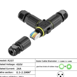 Conector T IP68, 165*100mm, Ø30mm, 3 cables 0.5-2.5mm2, 16A, conectores rápidos