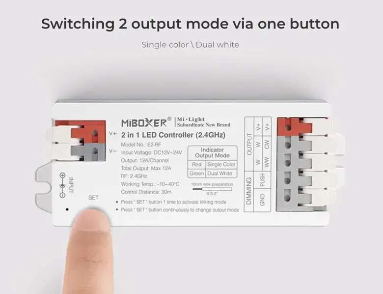 Controlador E2 - 2.4G RF, DC12-24V, 12A, 2 en 1 monocolor + CCT