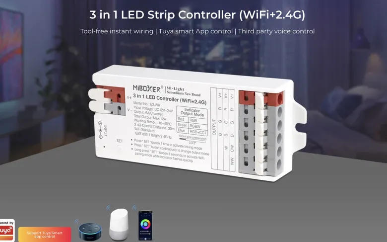 Controlador E3 - WiFi + 2.4G RF + Bluetooth, DC12-24V, 12A, 3 en 1, RGB+RGBW+RGBCCT