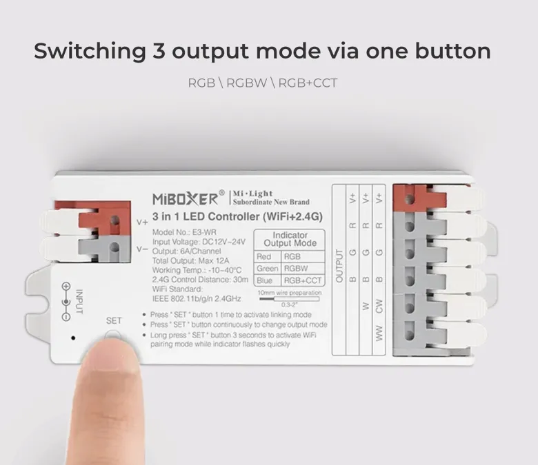 Controlador E3 - WiFi + 2.4G RF + Bluetooth, DC12-24V, 12A, 3 en 1, RGB+RGBW+RGBCCT
