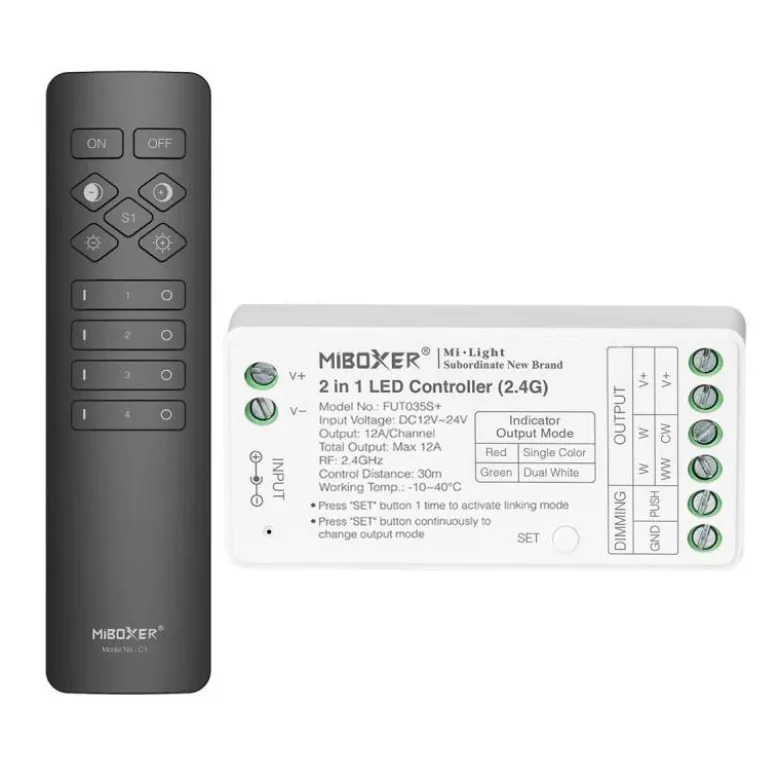 Controlador 2.4G RF, DC12-24V, 12A, 2 en 1 monocolor + CCT + mando C1