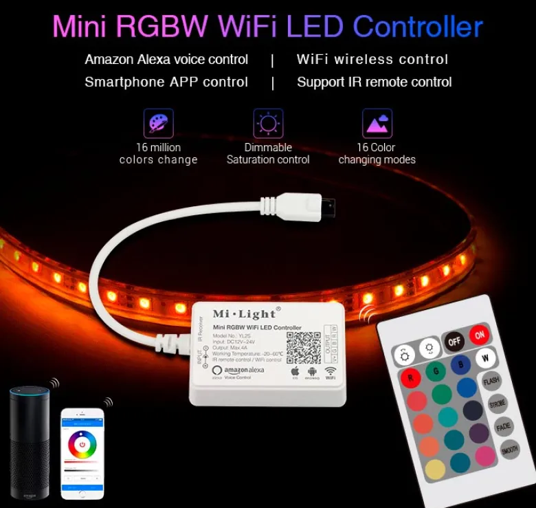 Controlador MINI RGBW para Tiras LED, Alexa Voice Control