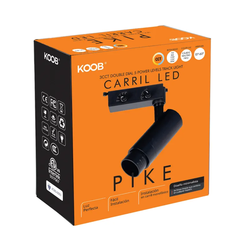 Foco carril Monofásico PIKE RAIL LED 7-9-12-15-20W, 3CCT, 15º-60º, negro