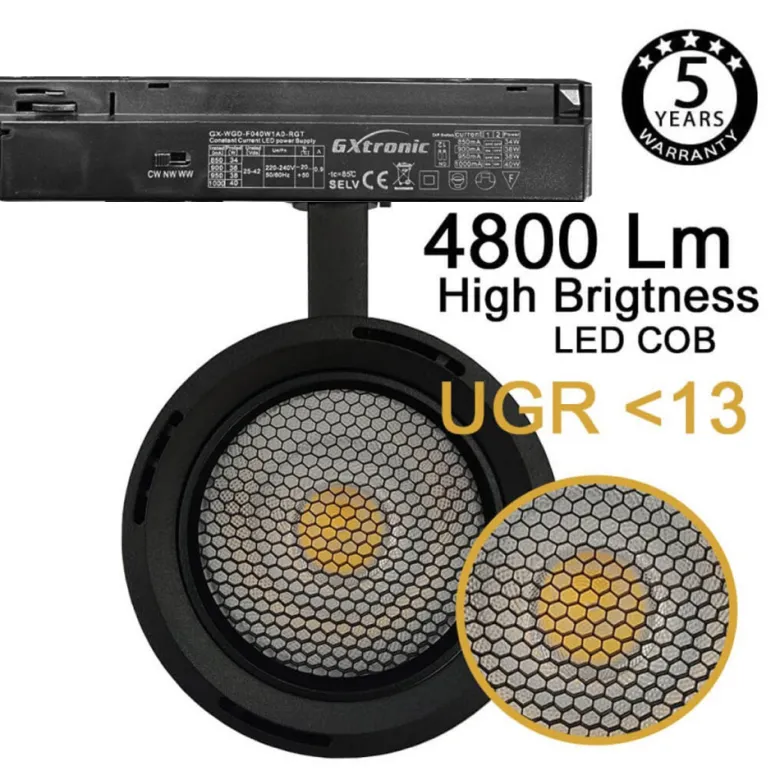 Foco carril Monofásico ROMA, 40W-34W, negro, regulable 24º-60º, UGR13, CCT