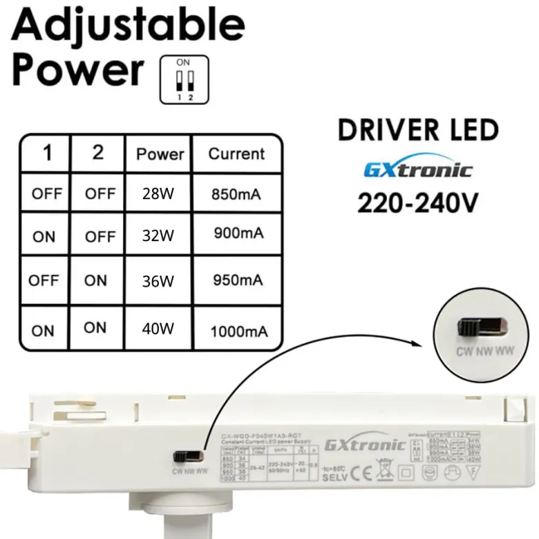 Foco carril Trifásico CRONOLUX, 40W-30W, blanco, 38º, UGR13, DUAL Carnes y Pescados