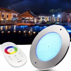 Kit Lámpara LED SLIM 5mm Ø230mm para piscinas, 12V AC/DC, IP68, 35W, RGB, acero inox 316 + mando