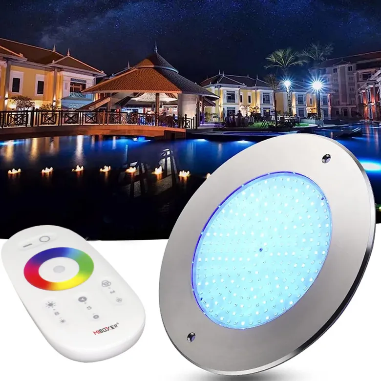 Kit Lámpara LED SLIM 5mm Ø230mm para piscinas, 12V AC/DC, IP68, 35W, RGB, acero inox 316 + mando