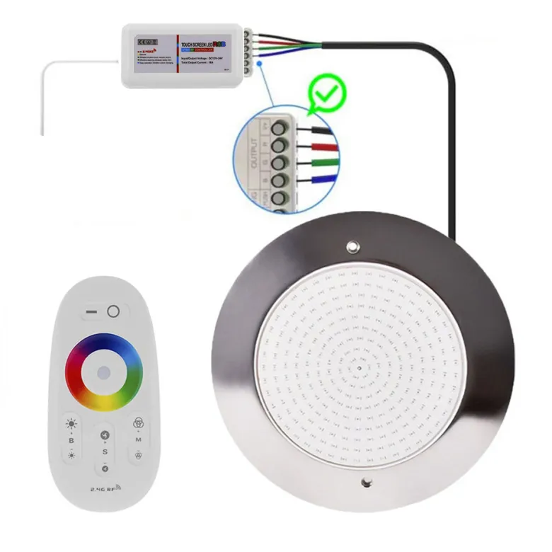 Kit Lámpara LED SLIM 5mm Ø230mm para piscinas, 12V AC/DC, IP68, 35W, RGB, acero inox 316 + mando