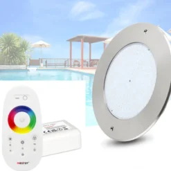 Kit Lámpara LED SLIM 5mm Ø230mm para piscinas, 12V AC/DC, IP68, 35W, RGB, acero inox 316 + mando