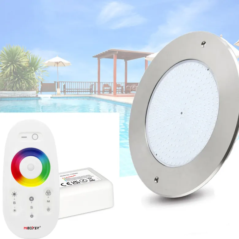 Kit Lámpara LED SLIM 5mm Ø230mm para piscinas, 12V AC/DC, IP68, 35W, RGB, acero inox 316 + mando