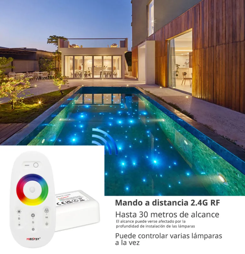 Kit Lámpara LED SLIM 5mm Ø230mm para piscinas, 12V AC/DC, IP68, 35W, RGB, acero inox 316 + mando