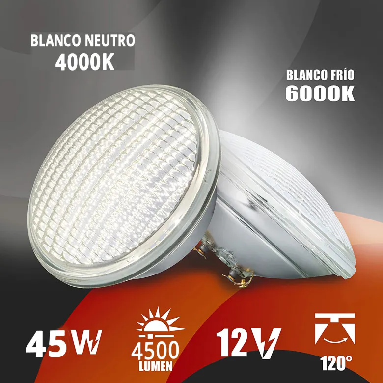 Lámpara LED PAR56 para piscinas, G53, 45W, Acero Inox.