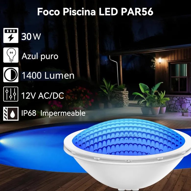 Lámpara LED PAR56 para piscinas, G53, 30W, AZUL Cristal
