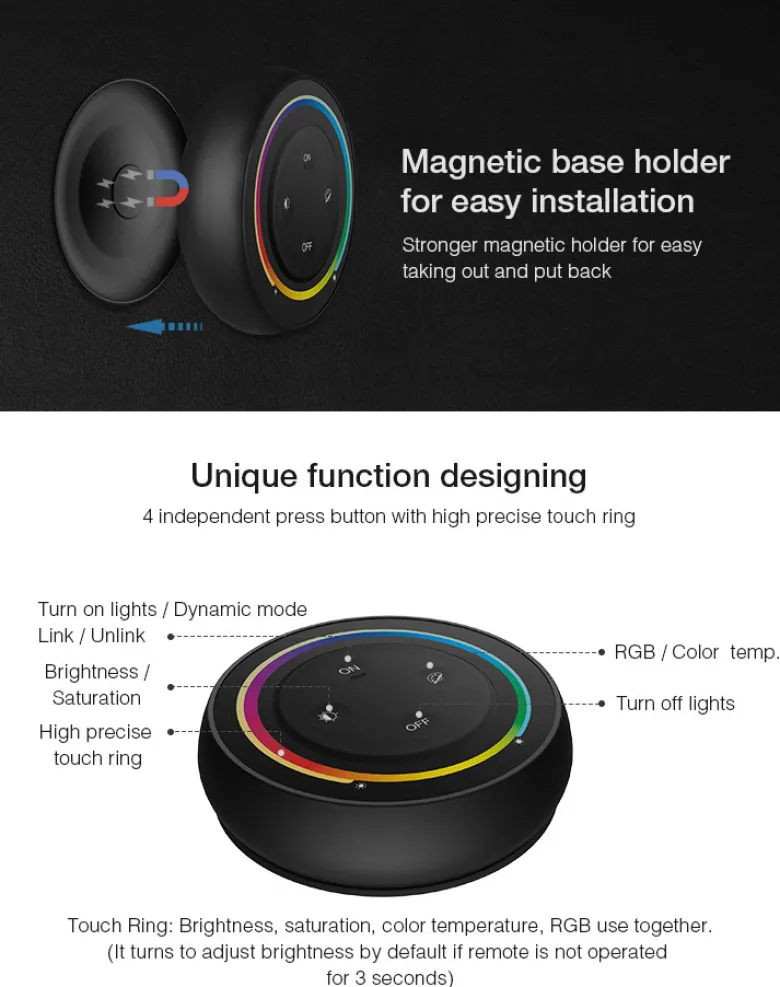Mando RF RGB+CCT ROUND Magnetic táctil, negro