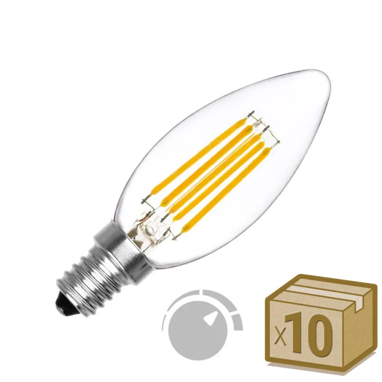 Pack 10 x Bombilla Filamento LED Vela E14 COB 6W, Regulable