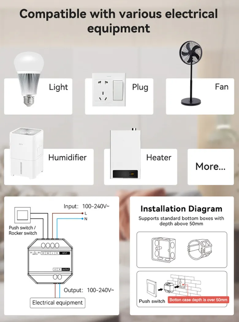 Smart Switch WiFi + 2.4G , AC100-240V, 10A, Alexa / Google Home