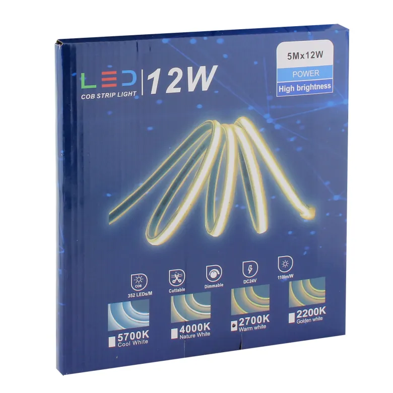 Tira LED Monocolor COB, DC24V, 5m (350Led/m), 60W, CRI>92, IP66