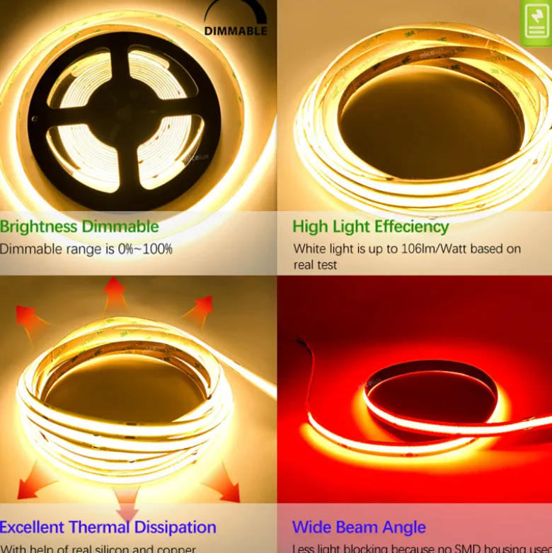 Tira LED Monocolor COB, DC24V, 5m (350Led/m), 60W, CRI>92, IP66