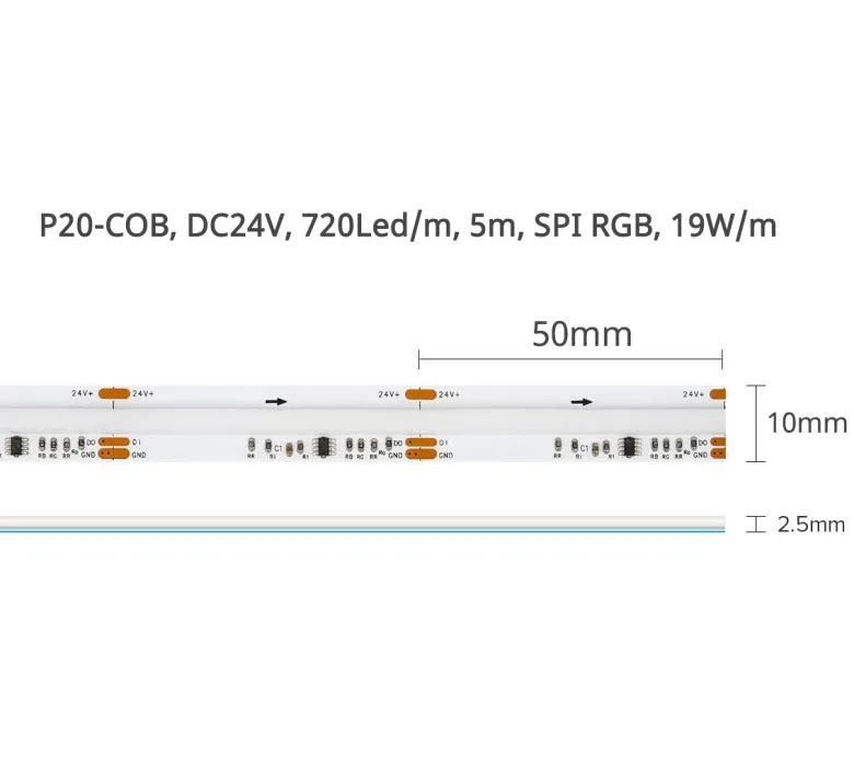 Tira LED RGB SPI WS2811 COB, DC24V, 5m (720Led/m), 95W, IP20