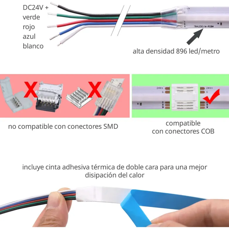 Tira LED RGB+W COB, DC24V, 5m (784Led/m), 100W, IP20