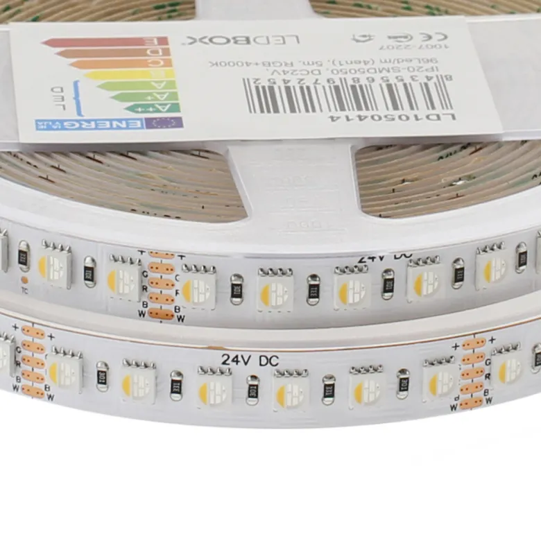 Tira LED SMD5050, RGB+W, DC24V, 5m (96Led/m 4 en 1), 115W, IP20, 3oZ