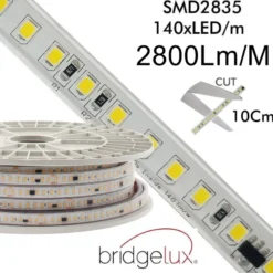 Tira LED 220V Bridgelux SMD2835, 140Led/m, 20W/m, 2800lm/m, Triac regulable, corte 10cm, 1 metro. Silicona