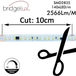 Tira LED 220V Bridgelux SMD2835, 140Led/m, 20W/m, 2800lm/m, Triac regulable, corte 10cm, 1 metro. Silicona