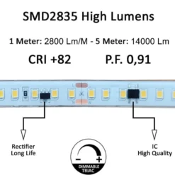 Tira LED 220V Bridgelux SMD2835, 140Led/m, 20W/m, 2800lm/m, Triac regulable, corte 10cm, 1 metro. Silicona