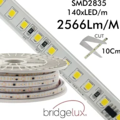 Tira LED 220V Bridgelux SMD2835, 140Led/m, 20W/m, 2800lm/m, Triac regulable, corte 10cm, carrete 20 metros. Silicona