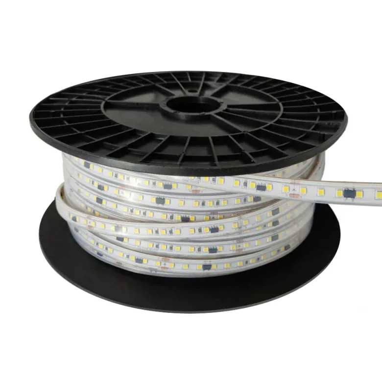 Tira LED 220V Bridgelux SMD2835, 140Led/m, 20W/m, 2800lm/m, Triac regulable, corte 10cm, carrete 50 metros. Silicona