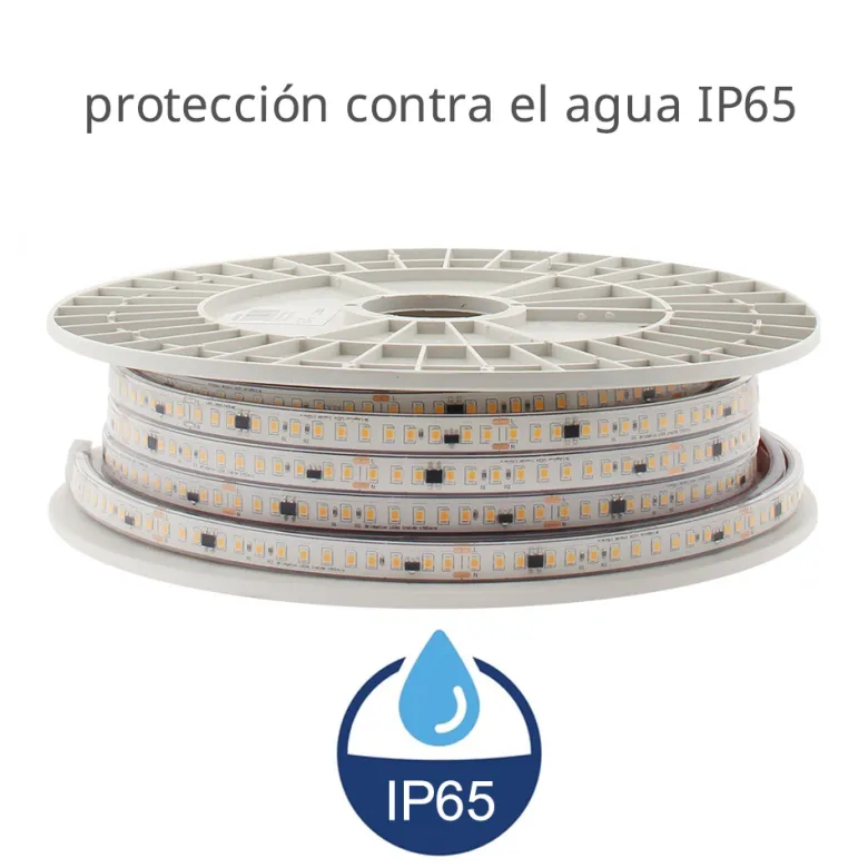 Tira LED 220V Bridgelux SMD2835, 140Led/m, 20W/m, 2800lm/m, Triac regulable, corte 10cm, carrete 50 metros. Silicona