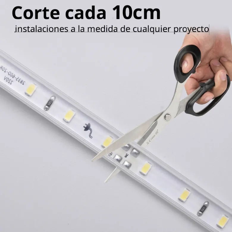 Tira LED 220V Bridgelux SMD2835, 140Led/m, 20W/m, 2800lm/m, Triac regulable, corte 10cm, carrete 50 metros. Silicona