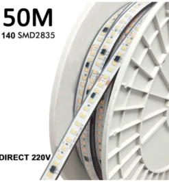 Tira LED 220V Bridgelux SMD2835, 140Led/m, 20W/m, 2800lm/m, Triac regulable, corte 10cm, carrete 50 metros. Silicona
